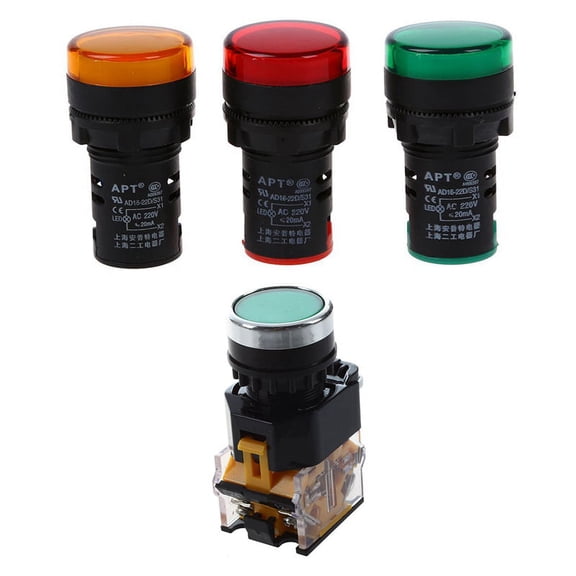 4 Pcs Electronic Accessories: 3 Pcs Red, Yellow-Green Light Lamp 22 Mm LED Pilot Display Panel & 1 Pcs LA38-11/203 Button Momentary Heavy Duty Switch Green