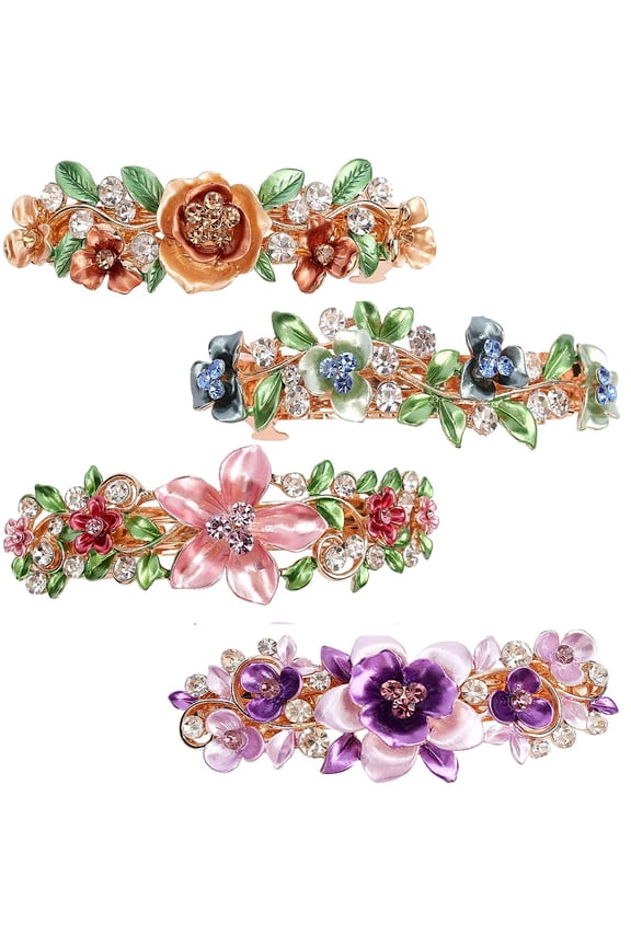 4 Pcs Elegant Hair Clips Hair Clips for Women Ladies, Crystal Rhinestones French Flowers Barrettes Spring Hair Barrettes Clip, for Women Girls Hair Styling Accessories (Multicolor)