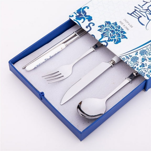4 Pcs Elegant Oriental Inspiration Silverware Stainless Steel Chopsticks, Fork, Knife & Spoon Set in Gift Box