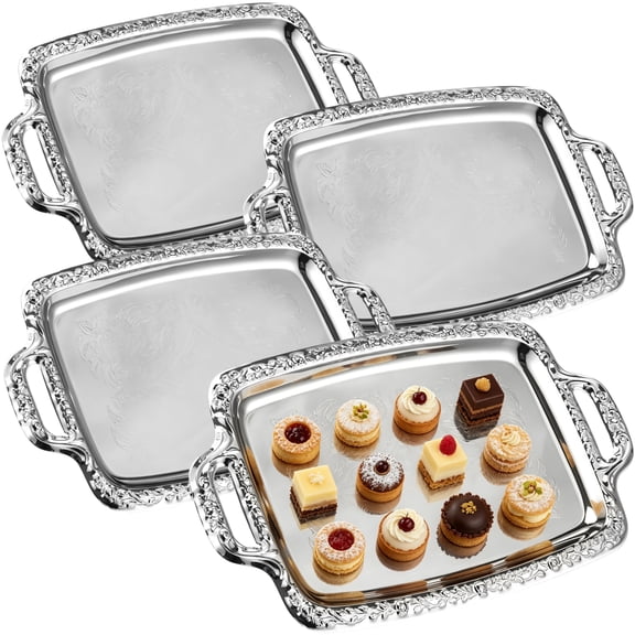 4 Pcs Elegant Rectangular Silver Serving Tray with Patterned Handles, Stainless Steel Floral Metal Plate with Polished Mirror Surface, 15.6 x 9.3 x 0.5 in for Party, Buffet