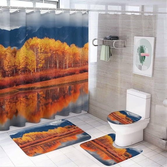 4 Pcs Elk in The Forest Shower Curtain Sets with Non-Slip Rugs, Toilet Lid Cover and Bath Mat, Fall Natural Scenery Shower Curtains with 12 Hooks, Waterproof Polyester Shower Curtains for Bathroom