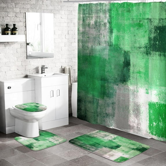4 Pcs Emerald Green Shower Curtain Sets with Rugs for Bathroom Decor, Bathroom Sets with Shower Curtain and Rugs and Accessories, Grunge Style Bathroom Curtain Set with Mats