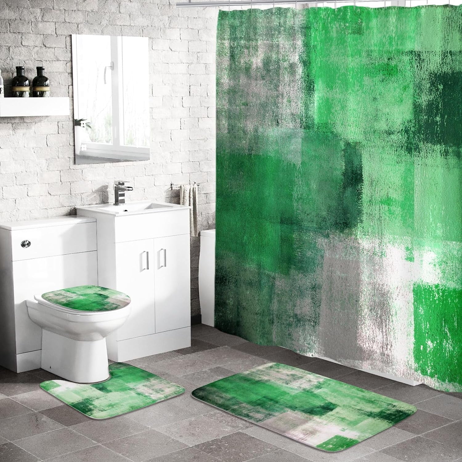 4 Pcs Emerald Green Shower Curtain Sets with Rugs for Bathroom Decor