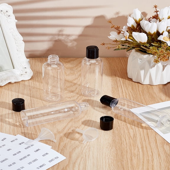 4 Pcs Empty Top Caps Travel Bottles PET Empty Disc Top Caps Bottles with Funnel Hopper and Self-Adhesive Stickers Black