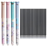 4 Pcs Erasable Gel Pen Set with 20 Refills, Kawaii Cute Bear Design, Smooth Writing, for Home Office Supplies Stationery Gift 0.5mm Blue/Black Ink