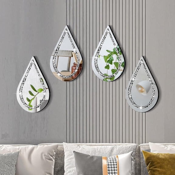 4 Pcs Espejos Decorativos para Sala Silver Mirror Wall Decor | Tear Drop Diamond Mirrors, Decorative Mirrors for Living Room Bathroom Entryway Walls, Reflective Modern Home Accent Pieces