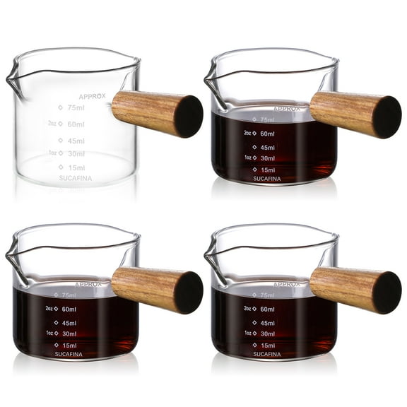 4 Pcs Espresso Glass Measuring Cup, 2.5OZ Double Spouts Espresso Cups with Wood Handle, Mini Milk Cup Clear Glass Espresso Accessories with Dual Scale, Espresso Shot Glass for Coffee (75ML)
