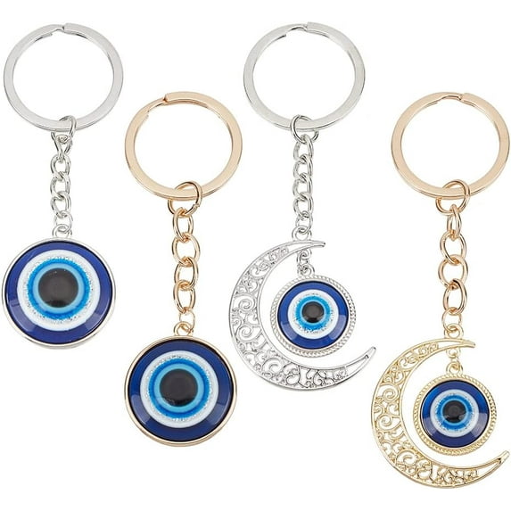 4 Pcs Evil Eye Keychain 2 Styles 2 Colors Evil Eye Protection Charm Flat Round & Moons Good Luck Charm Keychain with Alloy Findings for Purse Bag Decoration