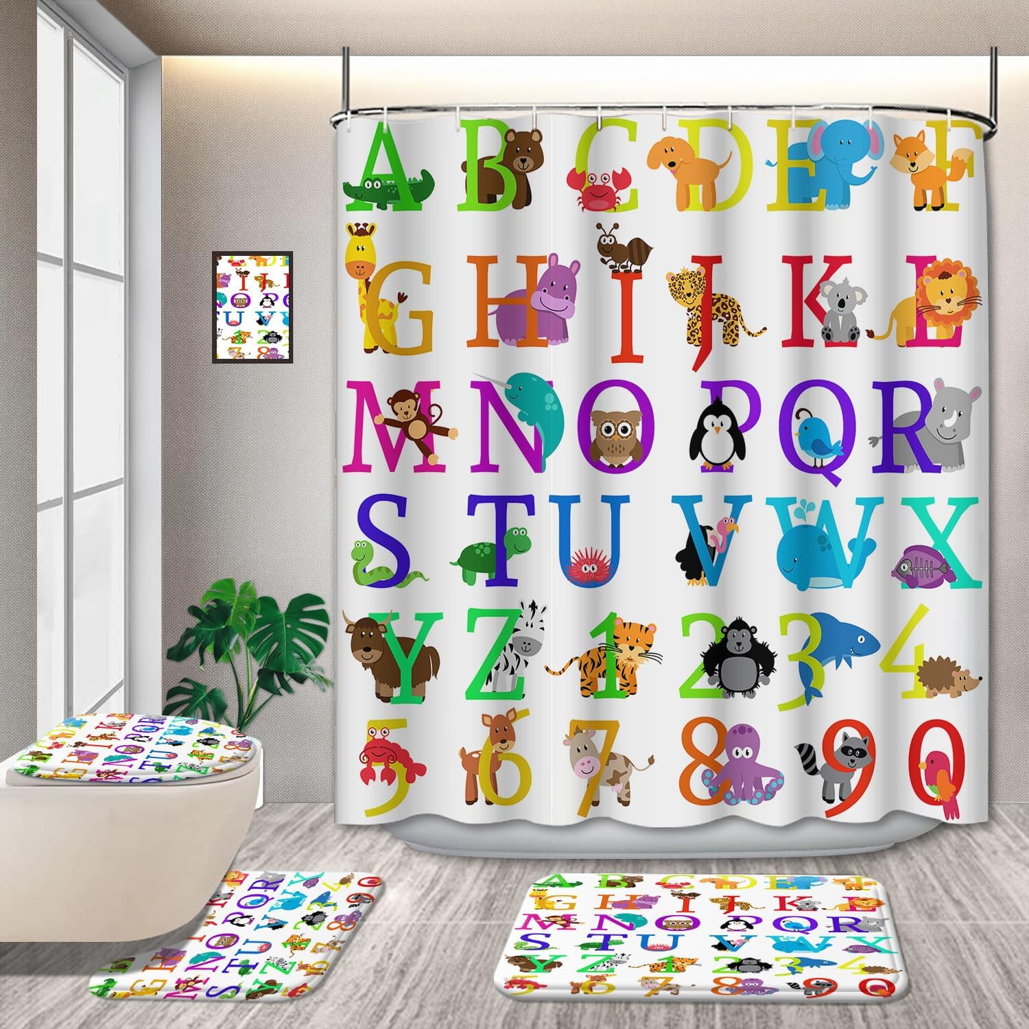 4 Pcs Excavator Kids Shower Curtain Sets, Tractor Machinery Trucks