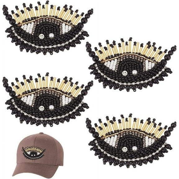 4 Pcs Eye Beaded Patches for Clothes Black Sequined Patch Sew on Rhinestone Beaded Applique DIY Decorative Applique for Clothes Jackets Jeans Bags Arts Craft diy