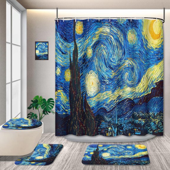 4 Pcs Fabric Universe Outer Space Theme Shower Curtain Sets, Starry Galaxy with Non-Slip Rugs Toilet Lid Cover Bath Mat, Starry Bathtub Set Men Boys Trippy Nebula (Starry Sky)Without light-up feature