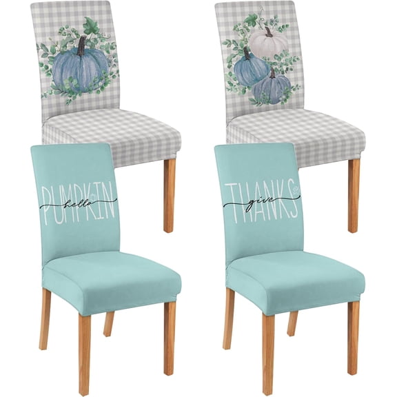 4 Pcs Fall Chair Covers for Dining Room, Thanksgiving Stretch Removable Dining Chair Cover Set of 4, Autumn Blue Pumpkin Chair Slipcovers Seat Protector for Fall Restaurant Decor