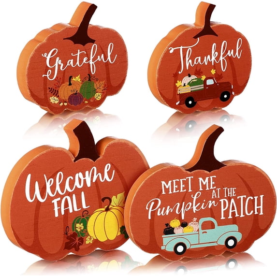 4 Pcs Fall Decor for Home Pumpkin Tiered Tray Decor Fall Pumpkin Table Sign Thanksgiving Tiered Tray Welcome Fall Tabletop Sign Farmhouse Tiered Tray Decor Mini Wood Sign, Autumn