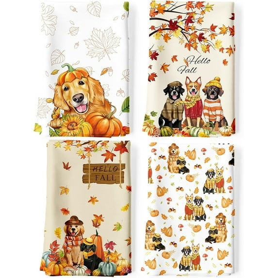 4 Pcs Fall Dogs Kitchen Towel, 100% Cotton Thanksgiving Maple Leaf Dish Towel 26"x18", Housewarming Gifts Holiday Decorative Tea Towels for Dining Home