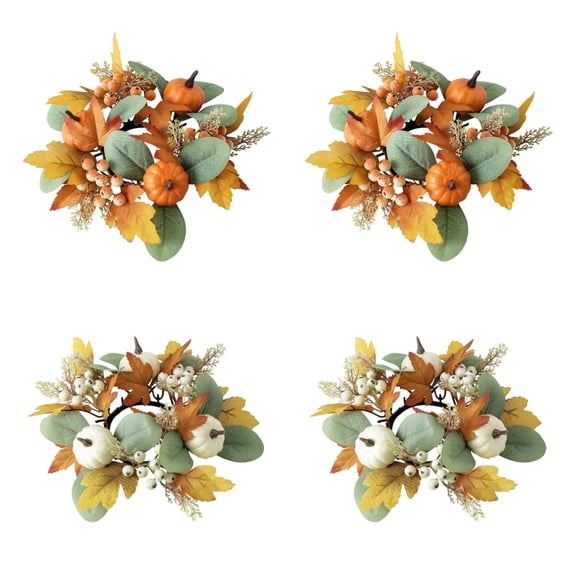 4 Pcs Fall Pumpkins Candle Rings Wreaths Decor Fall Candle Rings with Pumpkin Maple Leaves Thanksgiving Day Candle Holder Wreath Mini Autumn Artificial Candle Ring for Wedding, Tabletop Decoration