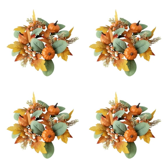 4 Pcs Fall Pumpkins Candle Rings Wreaths Decor Fall Candle Rings with Pumpkin Maple Leaves Thanksgiving Day Candle Holder Wreath Mini Autumn Artificial Candle Ring for Wedding, Tabletop Decoration