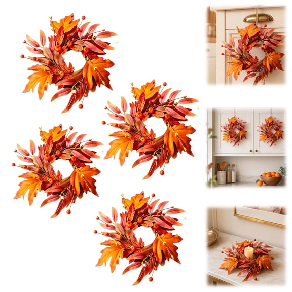 4 Pcs Fall Wreath Maple Leaf Wreath, 26cm Mini Autumn Candle Ring Wreath, Vibrant Orange Maple Leaf & Berry Design, Versatile Fall Decorations for Indoor Thanksgiving Home Decor