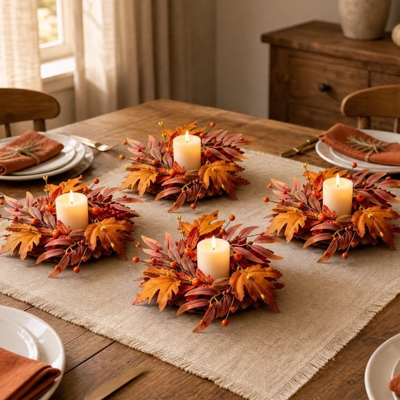 4 Pcs Fall Wreath, Mini 10.24 Inch Autumn Candle Ring Wreath with Berries, Small Fall Decorations for Cabinet Door, Fall Maple Leaf Wreath for Table Centerpiece & Thanksgiving Decor