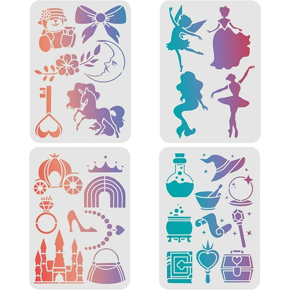 FINGERINSPIRE 4 Pcs Fantasy Stencils Template 11.7x8.3 inch Plastic Unicorns Castles Drawing Painting Stencils Magic Princess Flower Reusable Stencils for Painting on Wood, Floor, Wall and Tile Fantasy Theme
