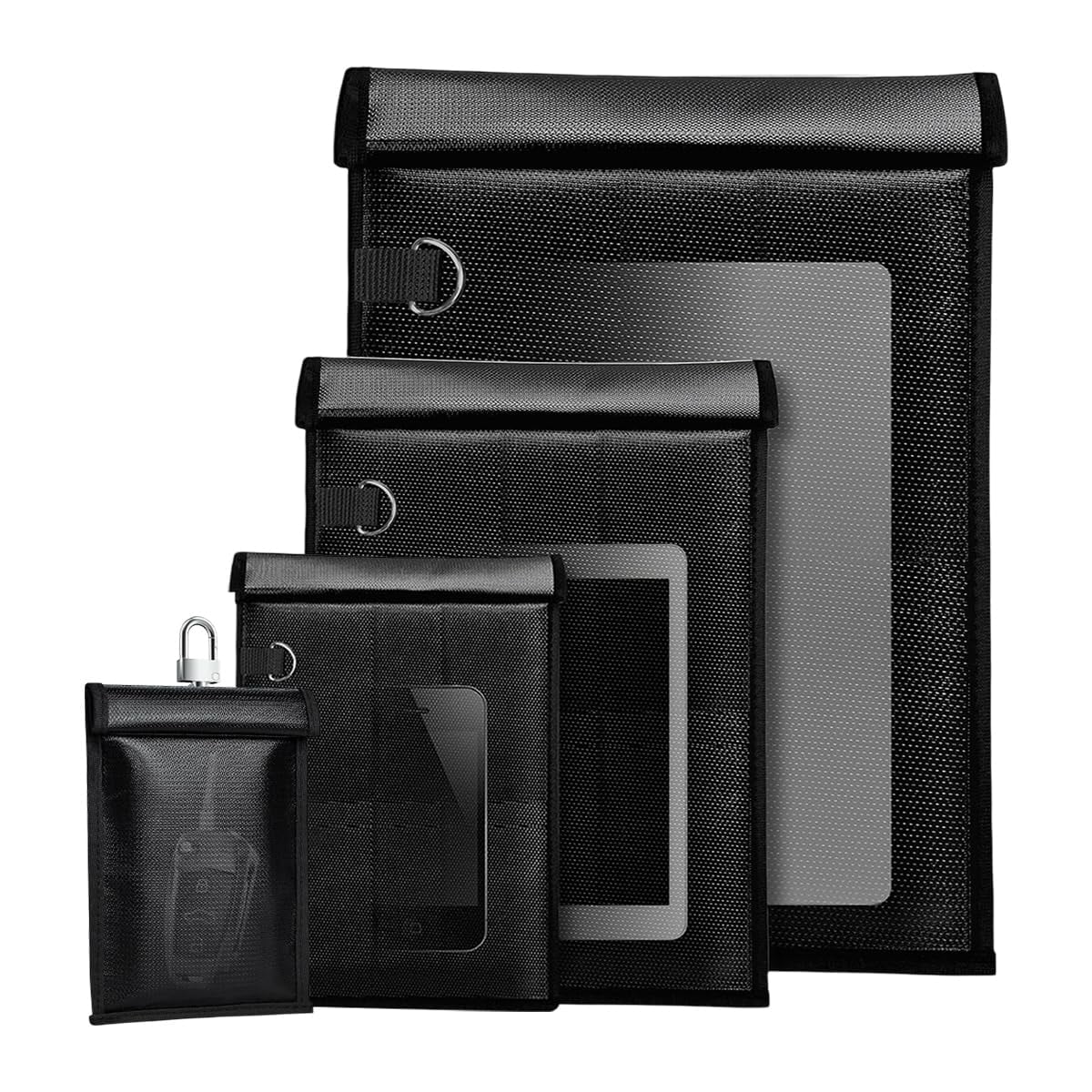 4 Pcs Faraday Bags, Fireproof & Waterproof Faraday Key Fob Protector for Phones & Laptop & Car Keys & Tablets, Anti-Theft & Anti-Tracking Faraday Cage(4 Different Sizes, Black)