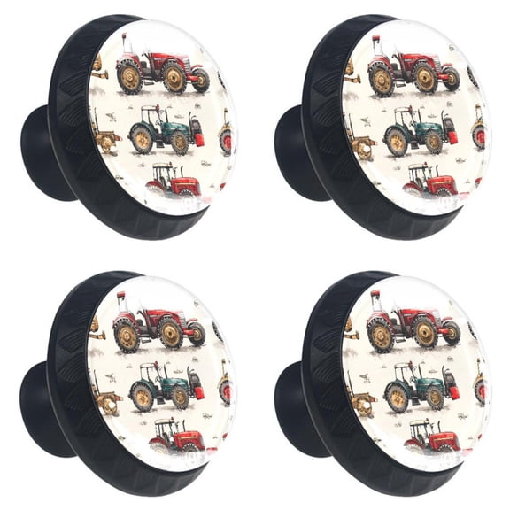 4 Pcs Farm Machinery Print Cabinet Knobs 30mm Round Crystal Glass Drawer Handles Pulls with Screws for Kitchen Cupboard Wardrobe Closet Dresser, Home&Office