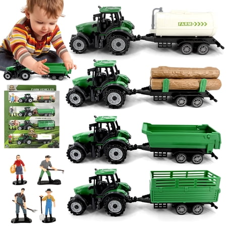 4 Pcs Farm Tractor Toy, Toddlers Farm Toys Tractor Vehicles with Trailer, Truck Toys for Kids 3-6 Years Old, Birthday Gift & Party Favors