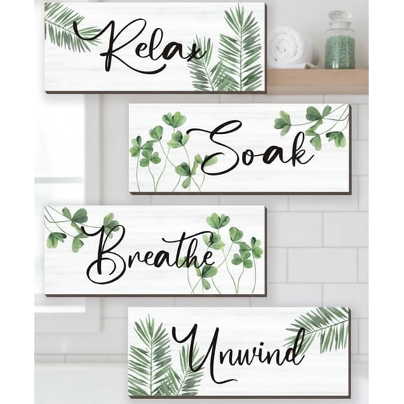 4 Pcs Farmhouse Bathroom Wall Decors Relax Soak Unwind Breathe Wooden Word Sign Green Hanging Wall Art Rustic Office Wall Decor for Bedroom Living Room Vintage Decorations(Green Leaves 10X4 Inch)