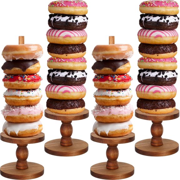 4 Pcs Farmhouse Donut Stand Donut Holder Display Stacker Tower Detachable Doughnut Stand Dessert Tower Tools Serving Decoration Kit for Birthday Wedding Party Decoration(Acacia Wood)