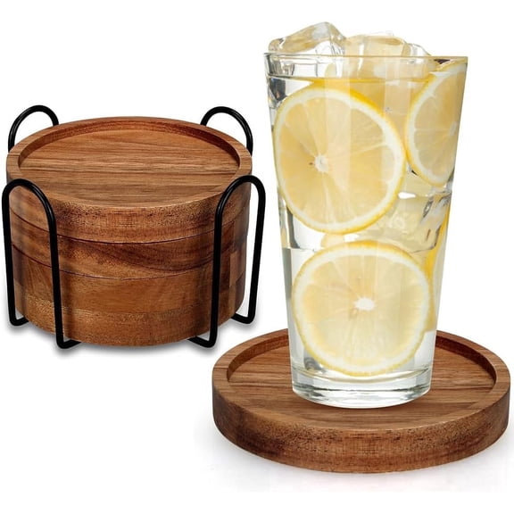 TAVENE 4 Pcs Farmhouse Wooden Coasters with Holder Cute Wood Drink Coaster Set Outdoor Beer Costers Home Decoration Coffee Table Decor Gift Cup Coaster Bar Kitchen Dining Table Accessories Modern Coa