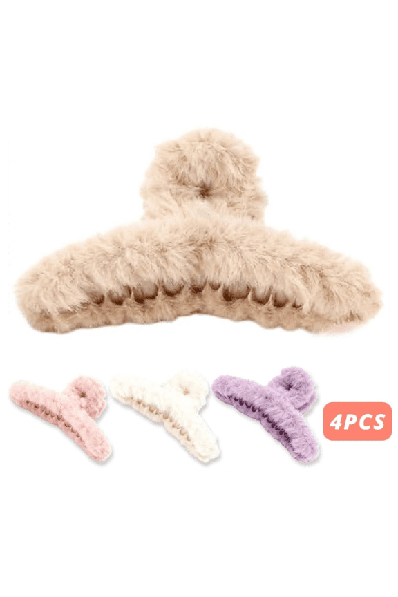 4 Pcs Faux Fur Hair Clips Large Plush Hair Catch Barrette Jaw Clamp for Women Girls Half Bun Hairpins for Thick Hair Cute Claw Clips Hair Accessories