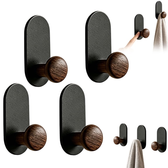 4 Pcs Faux Walnut Look Wall Hooks,Round Wood Grain Knob Hangers,No Drill Self Adhesive Single Coat Hooks,Wall Mounted Towel Hooks for Hats,Bags,Keys,Bathroom,Bedroom,Entryway and Behind Door
