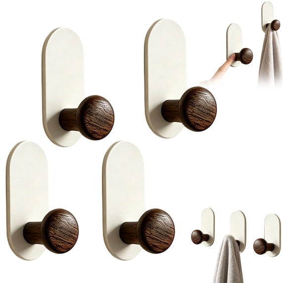 4 Pcs Faux Walnut Look Wall Hooks,Round Wood Grain Knob Hangers,No Drill Self Adhesive Single Coat Hooks,Wall Mounted Towel Hooks for Hats,Bags,Keys,Bathroom,Bedroom,Entryway and Behind Door