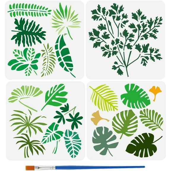 4 Pcs Fern Leaves Stencils with a Paint Brush 5.9x5.9Inch Palm Leaves Stencils Monstera Deliciosa Stencils Ginkgo Biloba Stencils Plant Themes Tropical Leaves Template for Wood Wall DIY