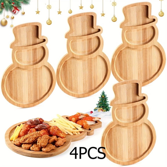 4 Pcs Festive Snowman-Shaped Wooden Serving Trays - Christmas Divided Platters for Cold Cuts, Fruits, Cheese & Snacks, Ideal Holiday Party Decor & Christmas Gift for Hosts