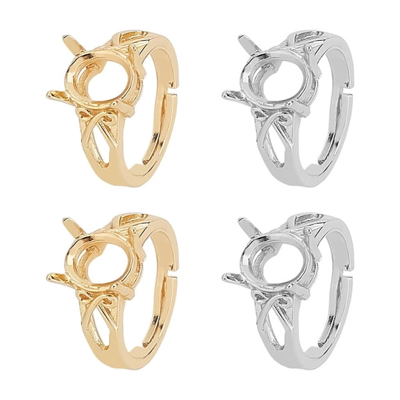 4 Pcs Finger Ring Components 2 Colors 8mm Tray Adjustable Cubic Zirconia Brass Prong Ring Blanks Long-Lasting Plated 4 Claws Ring Bases Ring