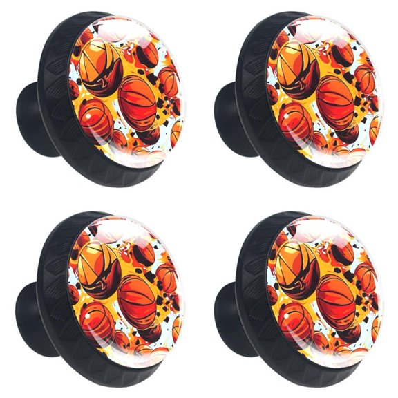 4 Pcs Fire Basketball Print Cabinet Knobs 30mm Round Crystal Glass Drawer Handles Pulls with Screws for Kitchen Cupboard Wardrobe Closet Dresser, Home&Office