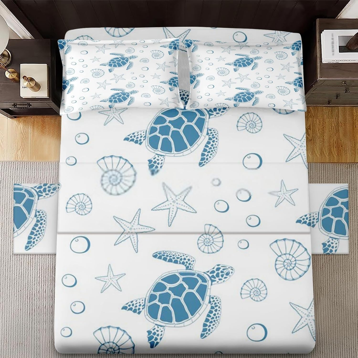 4 Pcs Fitted Sheet Set Queen Size with 16" Deep Pocket, Sea Turtle Sea