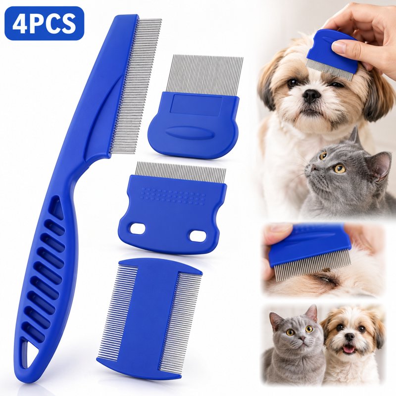 4 Pcs Flea Lice Comb for Cats Dogs | 4 Styles of Comb Included, Cat Dog Combs for Grooming Eye Tear Stain, Dematting Comb for Dogs Cats | Ideal for All Types of Small, Medium, Large Pets Hair