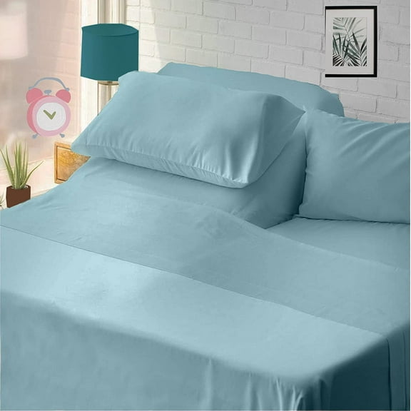 4 Pcs Flex Top King Sheets For Sleep Number 100% Cotton,400 TC Light Blue Solid King 34" Top Split Sheets Fits Upto 15" Deep