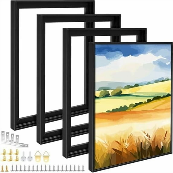 4 Pcs Floating Frames for 16 x 20 Canvas, 0.6"-0.9" Deep Painting Prints Wall Photo Picture Panel Floater Frame for Living Room Bedroom Artwork (Black)