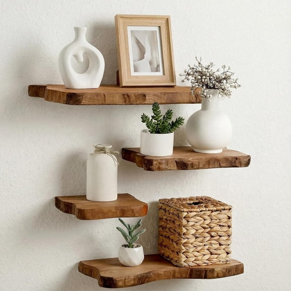 4 Pcs Floating Shelves for Wall Wooden Live Edge Shelf Wall-Mounted Natural Solid Wood Bedroom Kitchen Storage Living Room Nursery Decor(4 Pcs,11.81/15.7 Inch)