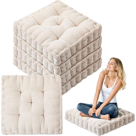 4 Pcs Floor Pillow Cushions Large Round Square Large Meditation Floor Pillow for Classroom Adult Meditation Picnic Party Seating Learning Daycare School (Square 20 x 20,Ivory White)