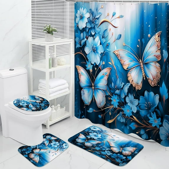 4 Pcs Floral Butterfly Bathroom Sets with Shower Curtain and Rugs, Summer Shower Curtain Sets with Rugs for Modern Bathroom Decor, Chic Elegant Bathroom Sets with Rugs and Accessories
