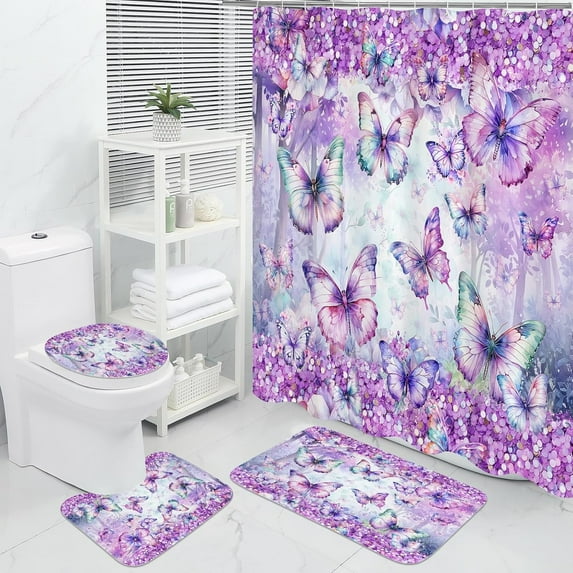 4 Pcs Floral Butterfly Bathroom Sets with Shower Curtain and Rugs, Summer Shower Curtain Sets with Rugs for Modern Bathroom Decor, Chic Elegant Bathroom Sets with Rugs and Accessories