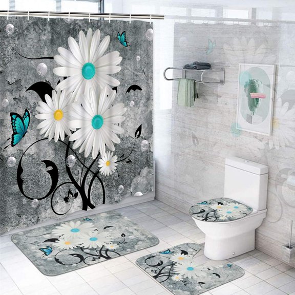 4 Pcs Floral Butterfly Shower Curtain Set with Rugs, Toilet Lid Cover Bath Mat, White Daisy Shower Curtain with 12 Hooks, Fabric Farmhouse Rustic Shower Curtain for Bathroom