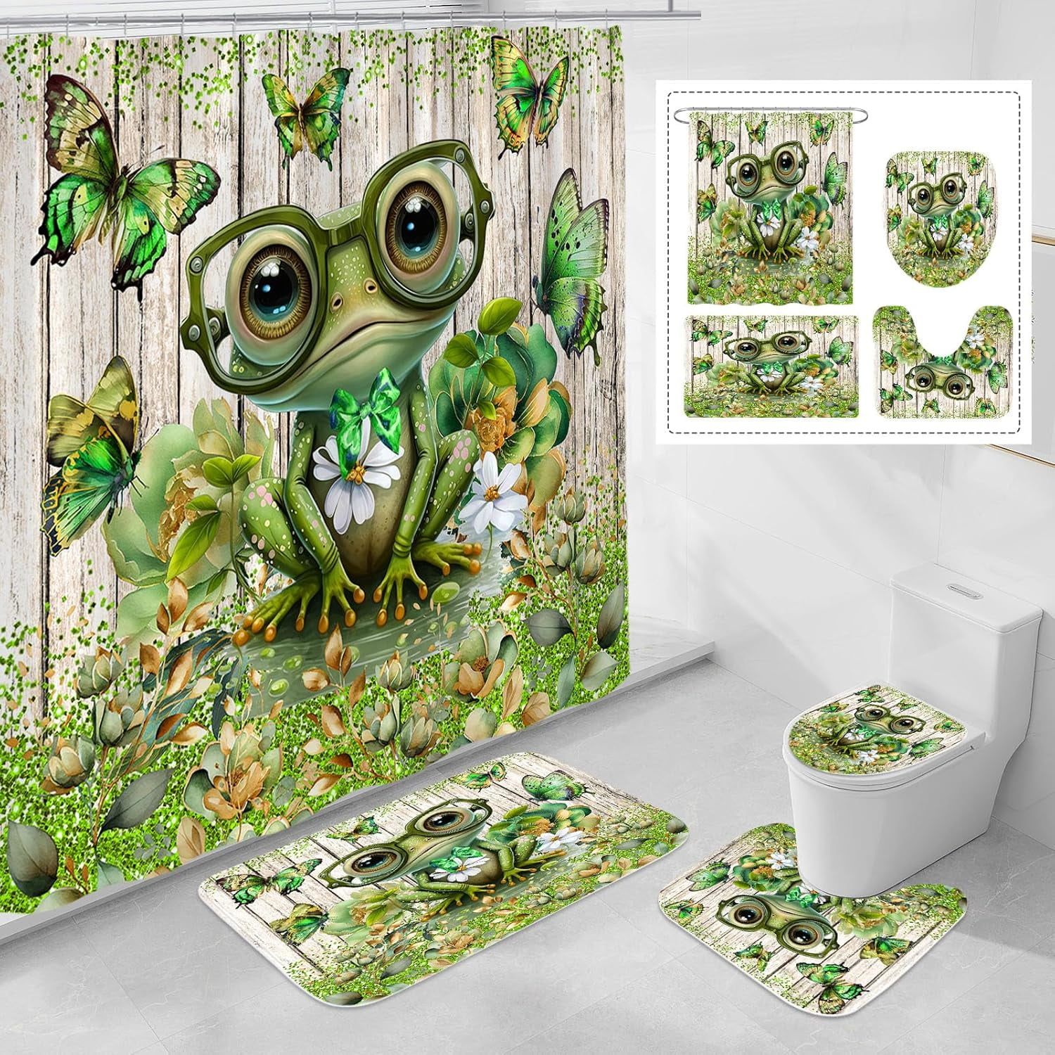 4 Pcs Floral Frog with Glasses Cute Kids Shower Curtain Sets with Rugs for Bathroom Decor, Funny Bathroom Sets with Shower Curtain and Rugs, Country Bathroom Curtain Set (Hooks Not Included)