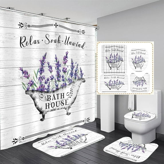 4 Pcs Floral Shower Curtain Flowers Leaves Bathroom Sets with Shower Curtain and Rugs Vintage Farmhouse Bathroom Decor Country Bathtub on Rustic Wood Backdrop Bathroom Rugs Mat Toilet Lid Cover