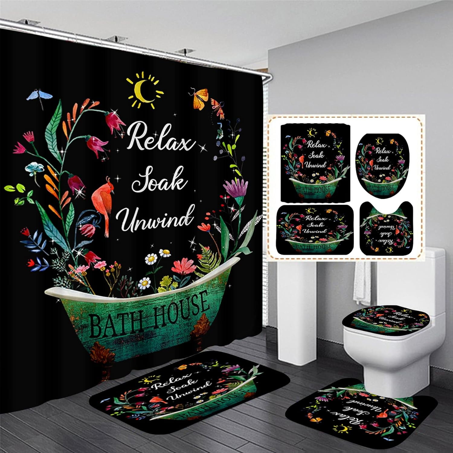 4 Pcs Floral Shower Curtain Flowers Leaves Bathroom Sets with Shower Curtain and Rugs Vintage Farmhouse Bathroom Decor Country Bathtub on Rustic Wood Backdrop Bathroom Rugs Mat Toilet Lid Cover