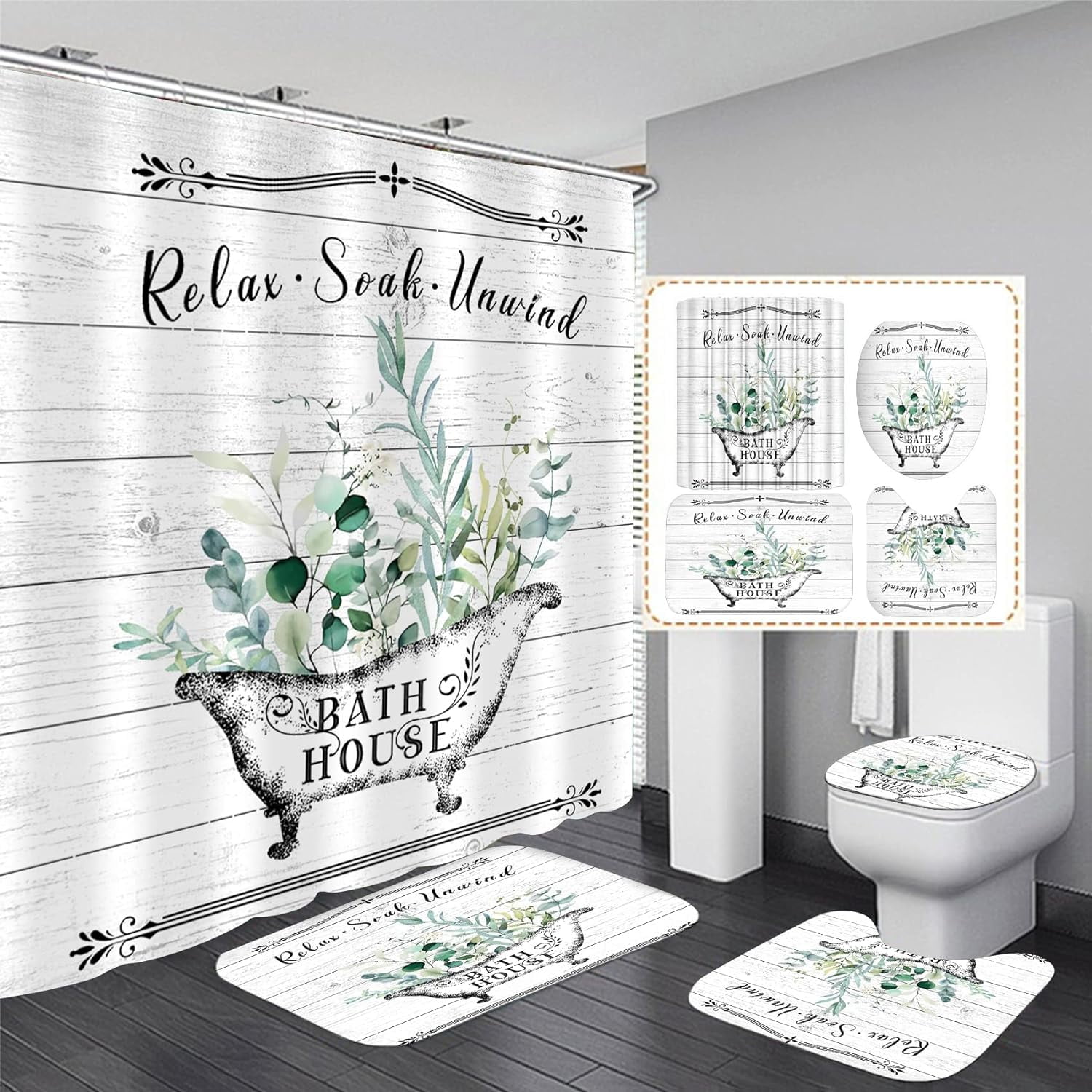 4 Pcs Floral Shower Curtain Flowers Leaves Bathroom Sets with Shower Curtain and Rugs Vintage Farmhouse Bathroom Decor Country Bathtub on Rustic Wood Backdrop Bathroom Rugs Mat Toilet Lid Cover