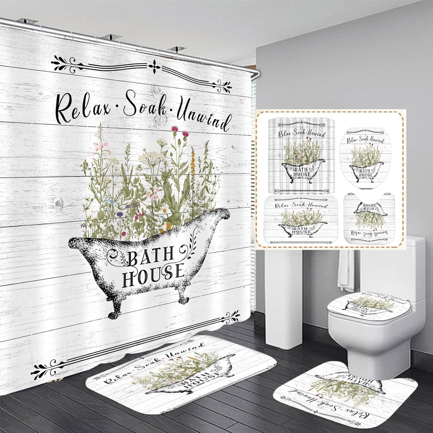 4 Pcs Floral Shower Curtain Flowers Leaves Bathroom Sets with Shower Curtain and Rugs Vintage Farmhouse Bathroom Decor Country Bathtub on Rustic Wood Backdrop Bathroom Rugs Mat Toilet Lid Cover